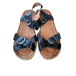 Josef Siebel Leather Strappy Buckle Cork Wedge Heel Sandal Black Size 10